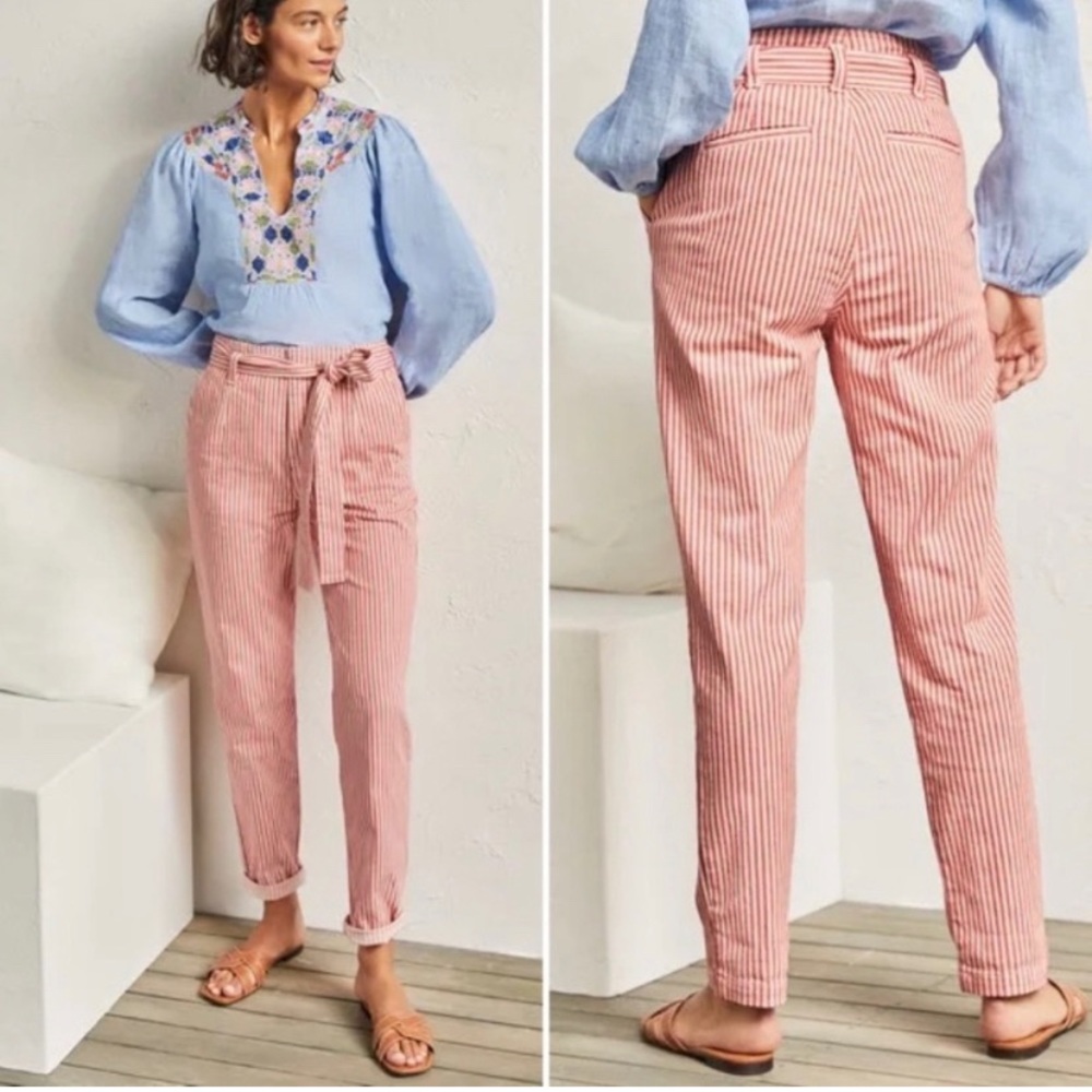 Boden Tie Waist Tapered Leg Jeans Red Ticking Stripe Size 8